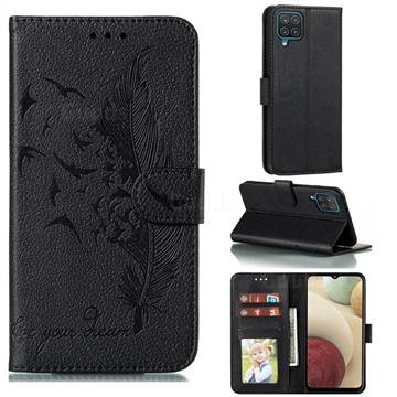 Intricate Embossing Lychee Feather Bird Leather Wallet Case for Samsung Galaxy A12 - Black
