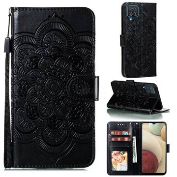 Intricate Embossing Datura Solar Leather Wallet Case for Samsung Galaxy A12 - Black
