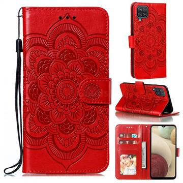 Intricate Embossing Datura Solar Leather Wallet Case for Samsung Galaxy A12 - Red