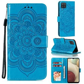 Intricate Embossing Datura Solar Leather Wallet Case for Samsung Galaxy A12 - Blue