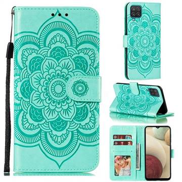 Intricate Embossing Datura Solar Leather Wallet Case for Samsung Galaxy A12 - Green
