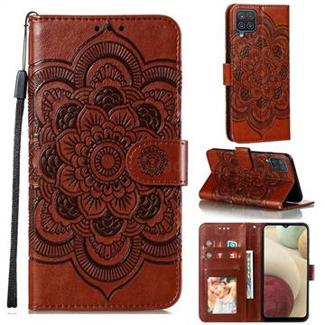 Intricate Embossing Datura Solar Leather Wallet Case for Samsung Galaxy A12 - Brown