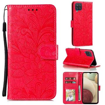 Intricate Embossing Lace Jasmine Flower Leather Wallet Case for Samsung Galaxy A12 - Red