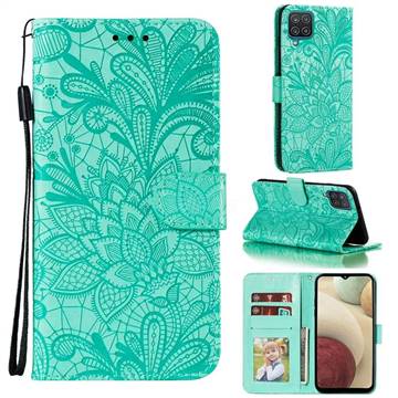 Intricate Embossing Lace Jasmine Flower Leather Wallet Case for Samsung Galaxy A12 - Green