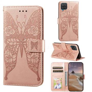 Intricate Embossing Rose Flower Butterfly Leather Wallet Case for Samsung Galaxy A12 - Rose Gold