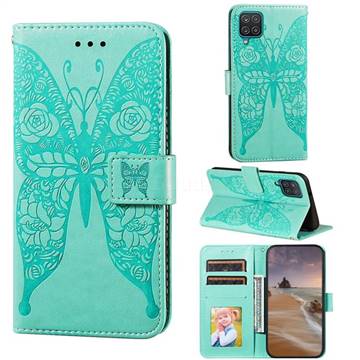 Intricate Embossing Rose Flower Butterfly Leather Wallet Case for Samsung Galaxy A12 - Green