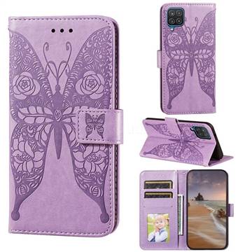 Intricate Embossing Rose Flower Butterfly Leather Wallet Case for Samsung Galaxy A12 - Purple