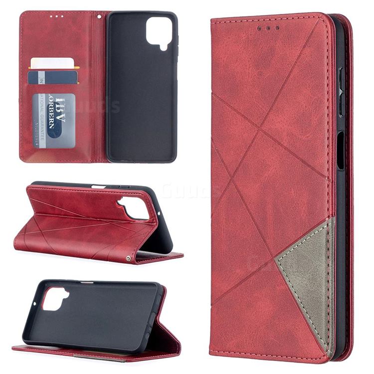 Prismatic Slim Magnetic Sucking Stitching Wallet Flip Cover for Samsung Galaxy A12 - Red