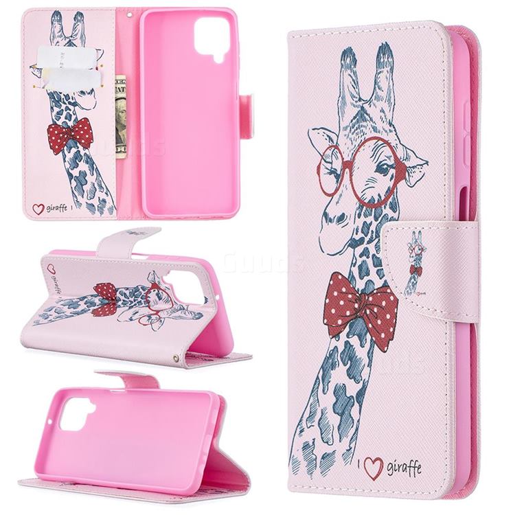 Glasses Giraffe Leather Wallet Case for Samsung Galaxy A12