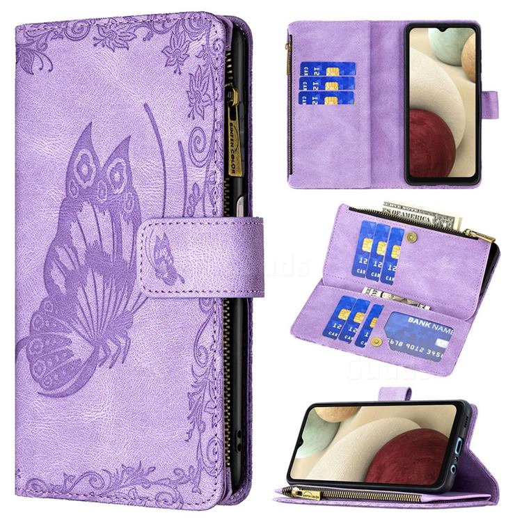 Binfen Color Imprint Vivid Butterfly Buckle Zipper Multi-function Leather Phone Wallet for Samsung Galaxy A12 - Purple