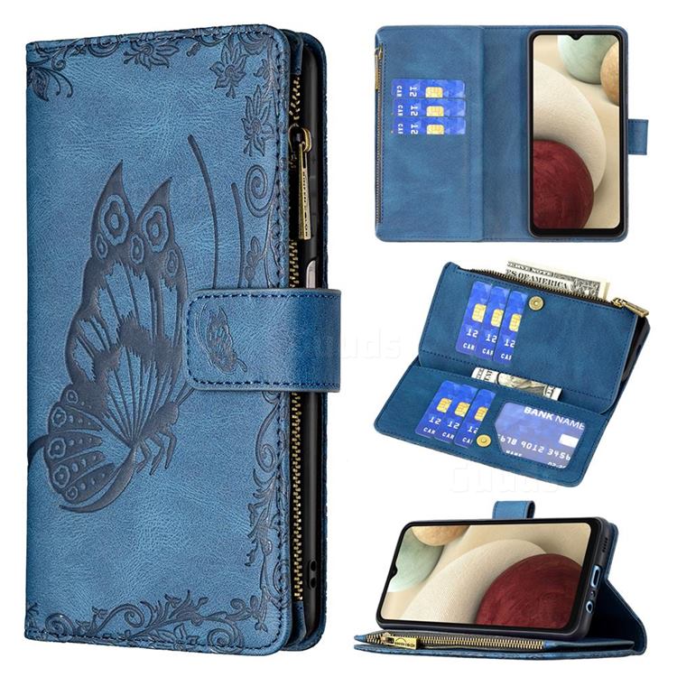 Binfen Color Imprint Vivid Butterfly Buckle Zipper Multi-function Leather Phone Wallet for Samsung Galaxy A12 - Blue