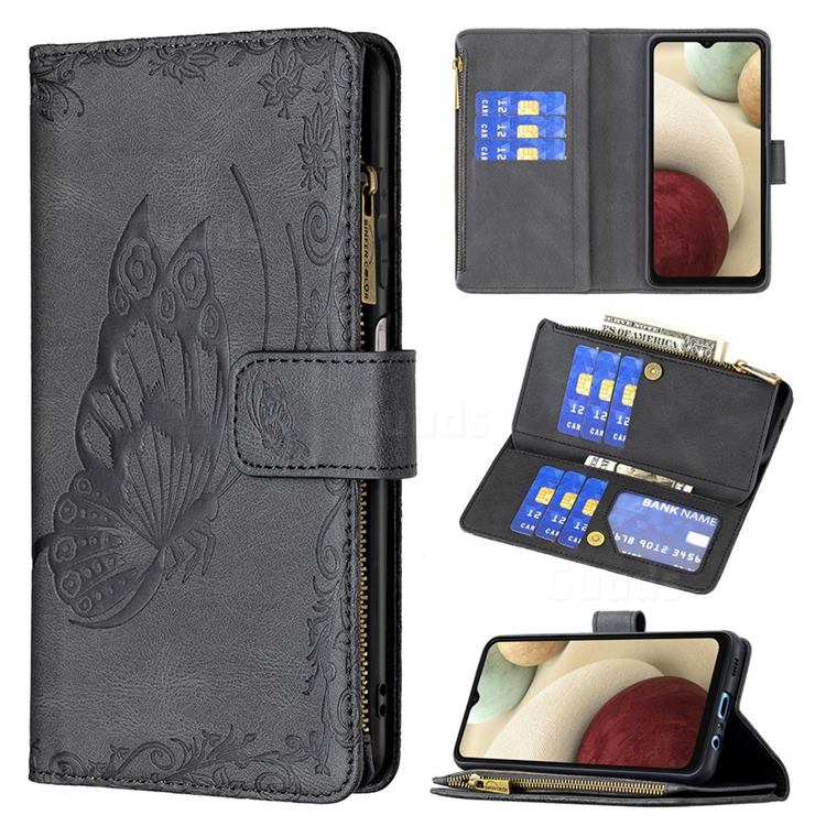 Binfen Color Imprint Vivid Butterfly Buckle Zipper Multi-function Leather Phone Wallet for Samsung Galaxy A12 - Black