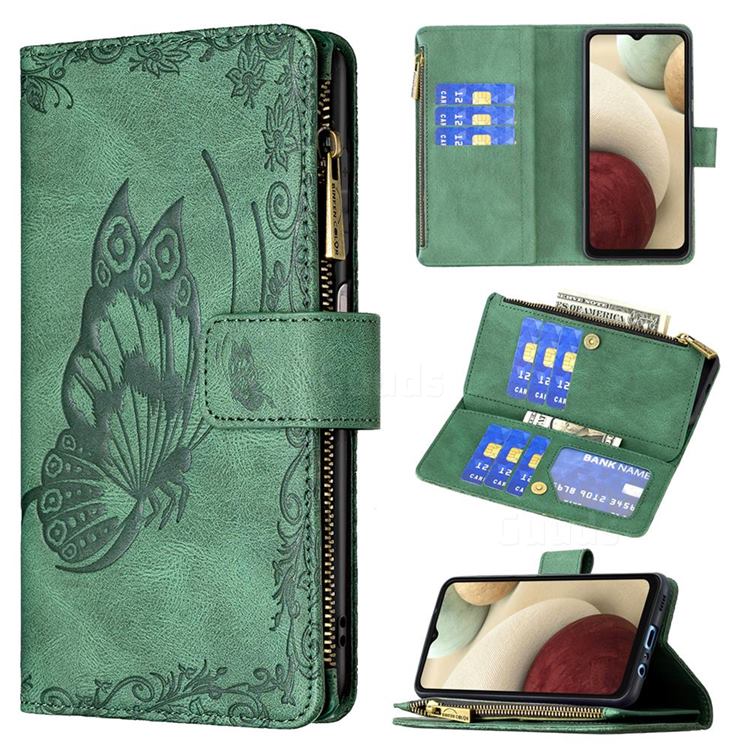 Binfen Color Imprint Vivid Butterfly Buckle Zipper Multi-function Leather Phone Wallet for Samsung Galaxy A12 - Green