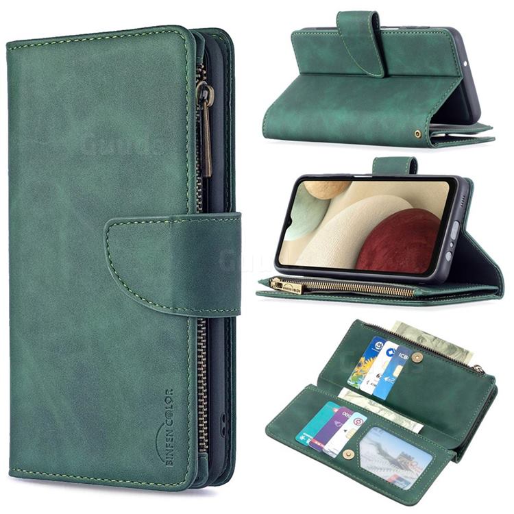 Binfen Color BF02 Sensory Buckle Zipper Multifunction Leather Phone Wallet for Samsung Galaxy A12 - Dark Green