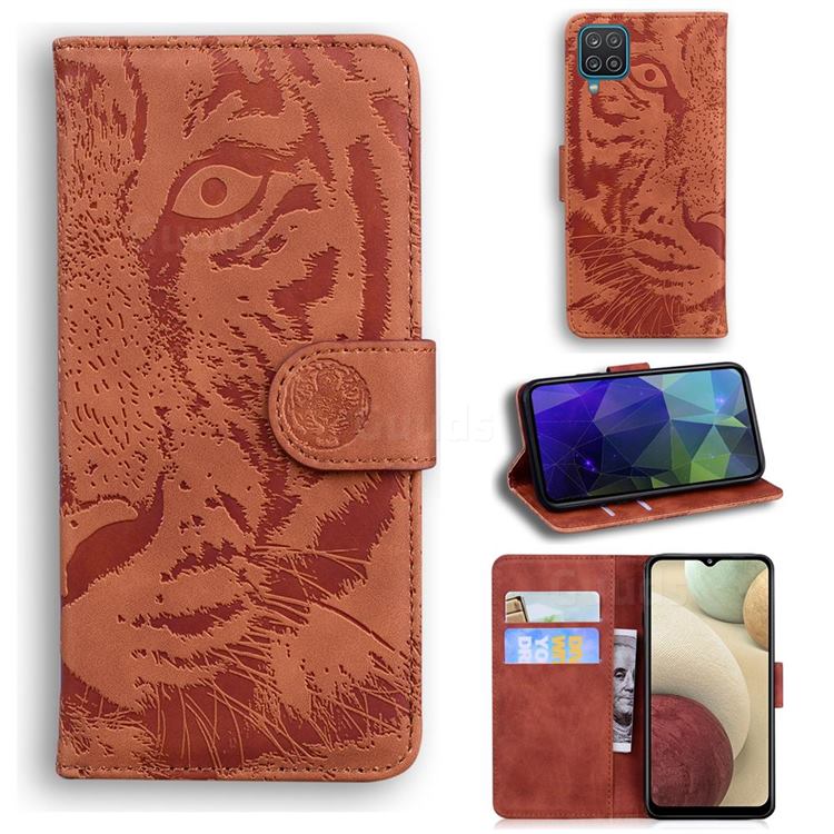 Intricate Embossing Tiger Face Leather Wallet Case for Samsung Galaxy A12 - Brown
