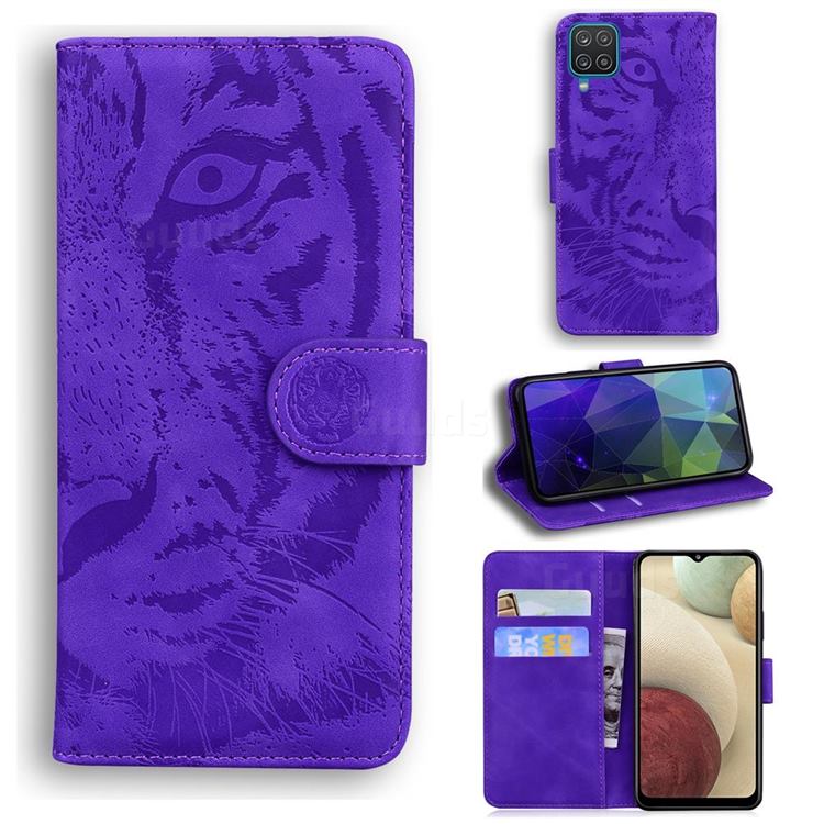Intricate Embossing Tiger Face Leather Wallet Case for Samsung Galaxy A12 - Purple