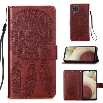 Embossing Dream Catcher Mandala Flower Leather Wallet Case for Samsung Galaxy A12 - Brown