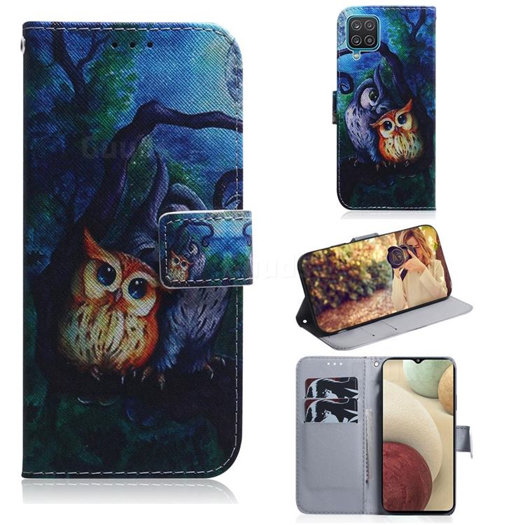 Oil Painting Owl PU Leather Wallet Case for Samsung Galaxy A12