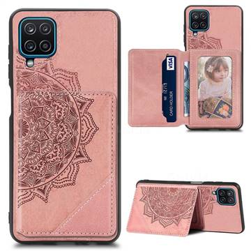 Mandala Flower Cloth Multifunction Stand Card Leather Phone Case for Samsung Galaxy A12 - Rose Gold