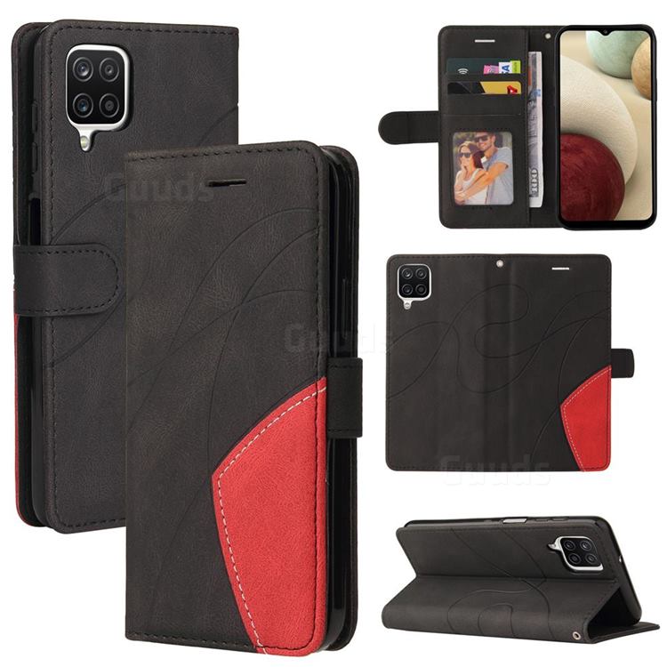 Luxury Two-color Stitching Leather Wallet Case Cover for Samsung Galaxy A12 - Black