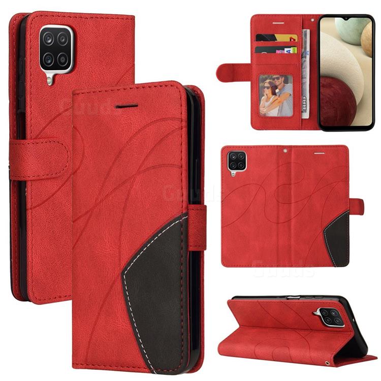 Luxury Two-color Stitching Leather Wallet Case Cover for Samsung Galaxy A12 - Red