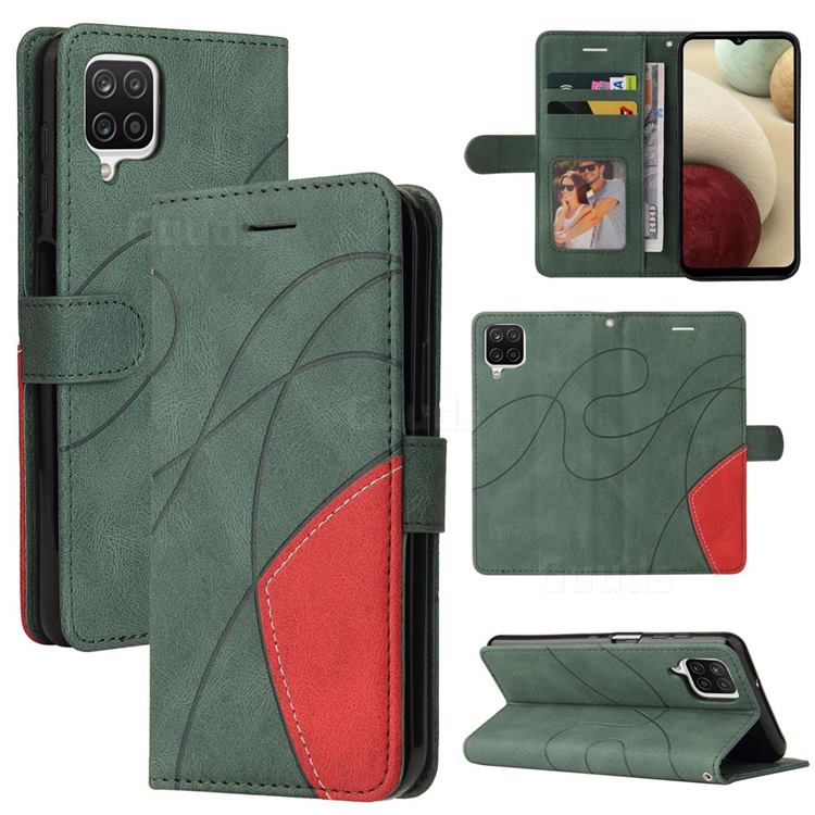 Luxury Two-color Stitching Leather Wallet Case Cover for Samsung Galaxy A12 - Green