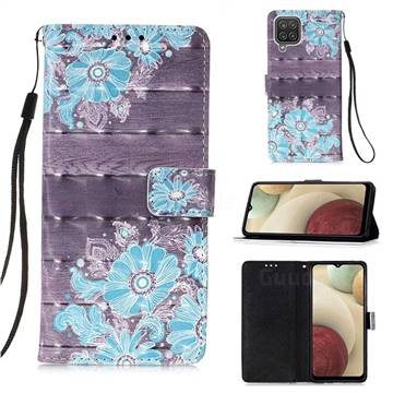 Blue Flower 3D Painted Leather Wallet Case for Samsung Galaxy A12