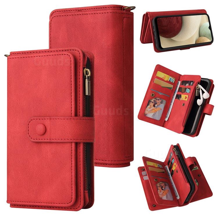 Luxury Multi-functional Zipper Wallet Leather Phone Case Cover for Samsung Galaxy A12 - Red