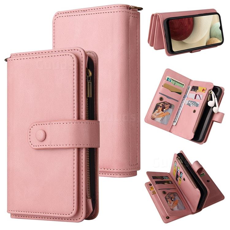 Luxury Multi-functional Zipper Wallet Leather Phone Case Cover for Samsung Galaxy A12 - Pink