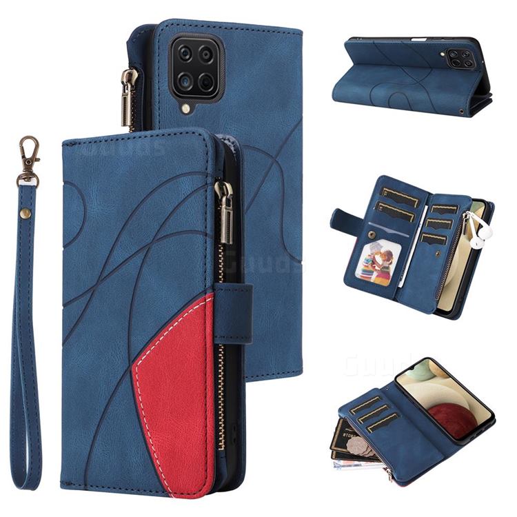 Luxury Two-color Stitching Multi-function Zipper Leather Wallet Case Cover for Samsung Galaxy A12 - Blue