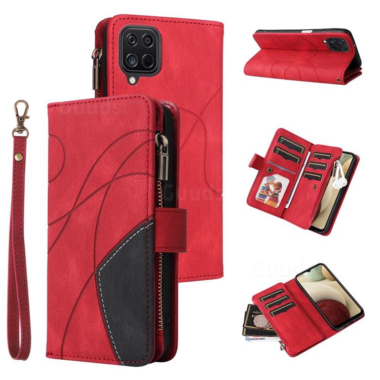 Luxury Two-color Stitching Multi-function Zipper Leather Wallet Case Cover for Samsung Galaxy A12 - Red