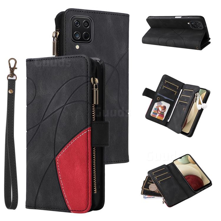 Luxury Two-color Stitching Multi-function Zipper Leather Wallet Case Cover for Samsung Galaxy A12 - Black
