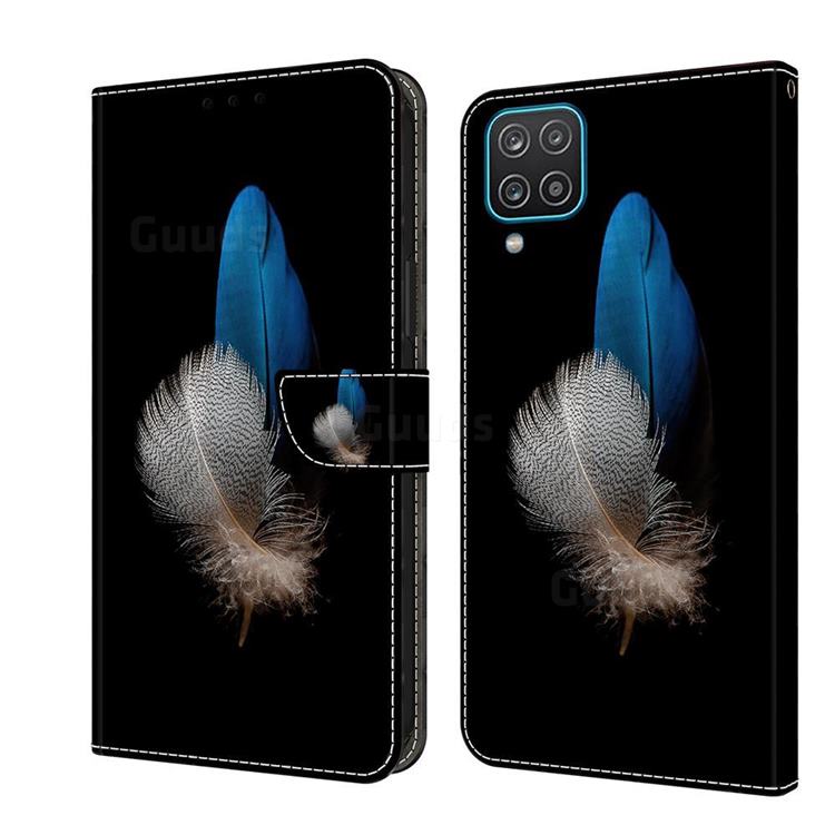 White Blue Feathers Crystal PU Leather Protective Wallet Case Cover for Samsung Galaxy A12