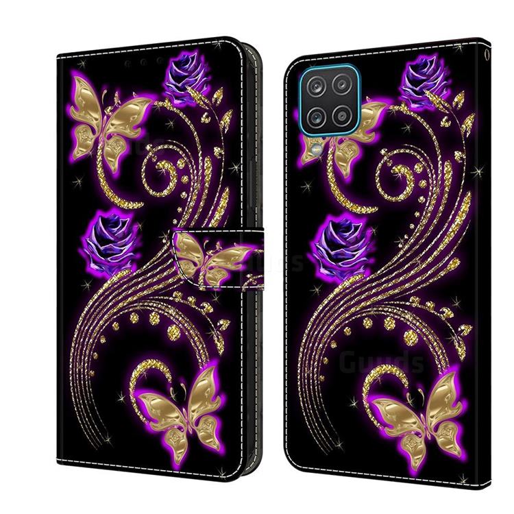 Purple Flower Butterfly Crystal PU Leather Protective Wallet Case Cover for Samsung Galaxy A12