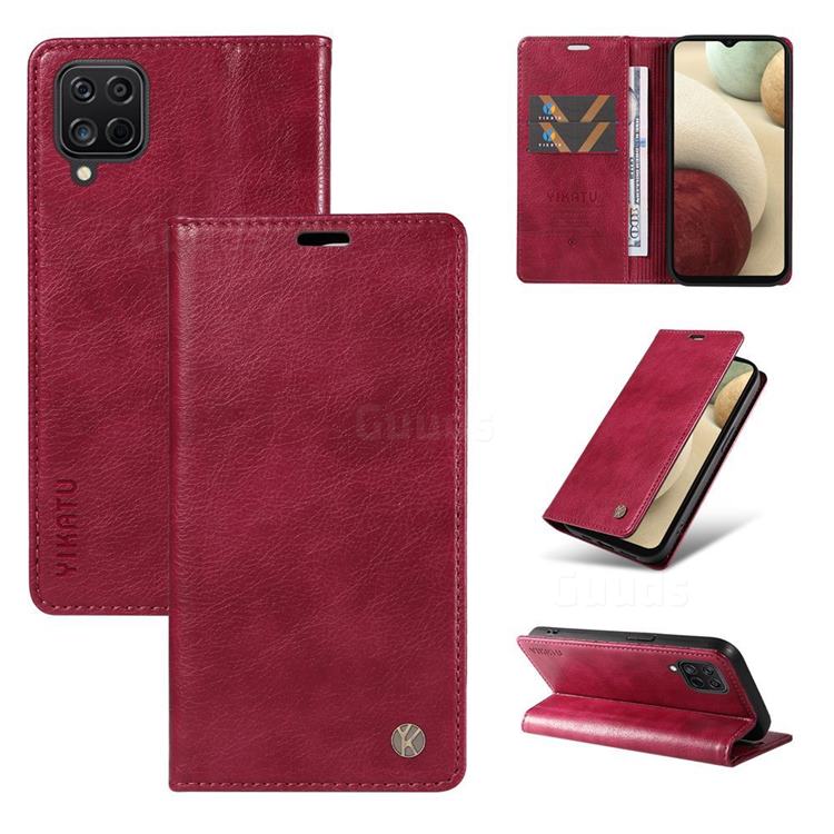 YIKATU Litchi Card Magnetic Automatic Suction Leather Flip Cover for Samsung Galaxy A12 - Wine Red