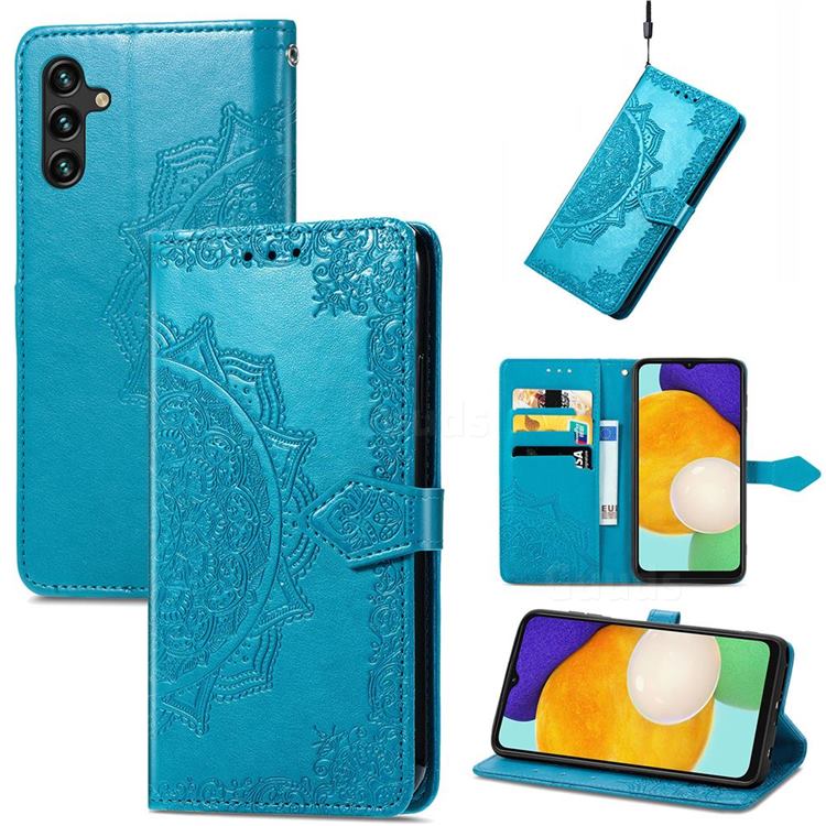 Embossing Imprint Mandala Flower Leather Wallet Case for Samsung Galaxy A13 5G - Blue