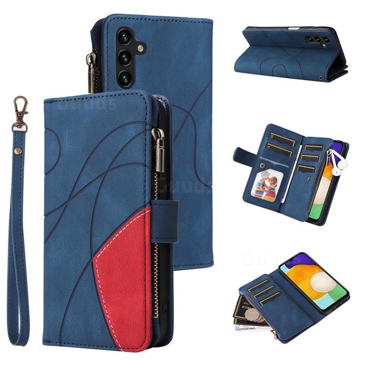 Luxury Two-color Stitching Multi-function Zipper Leather Wallet Case Cover for Samsung Galaxy A13 5G - Blue
