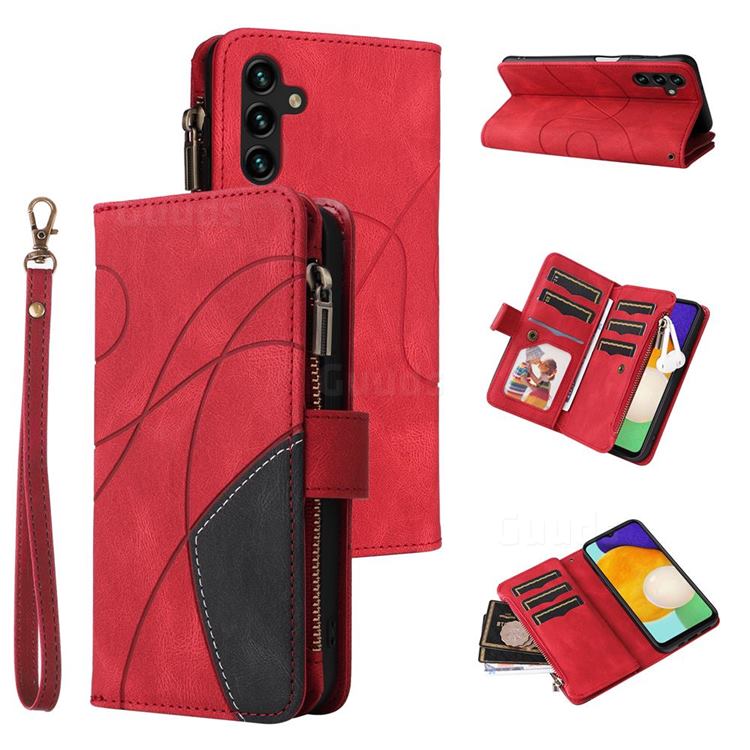 Luxury Two-color Stitching Multi-function Zipper Leather Wallet Case Cover for Samsung Galaxy A13 5G - Red