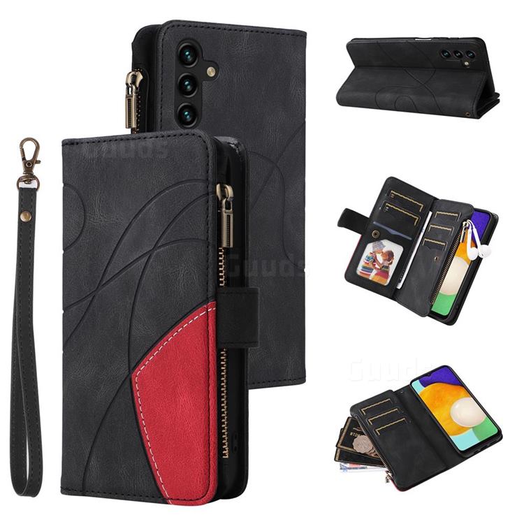Luxury Two-color Stitching Multi-function Zipper Leather Wallet Case Cover for Samsung Galaxy A13 5G - Black