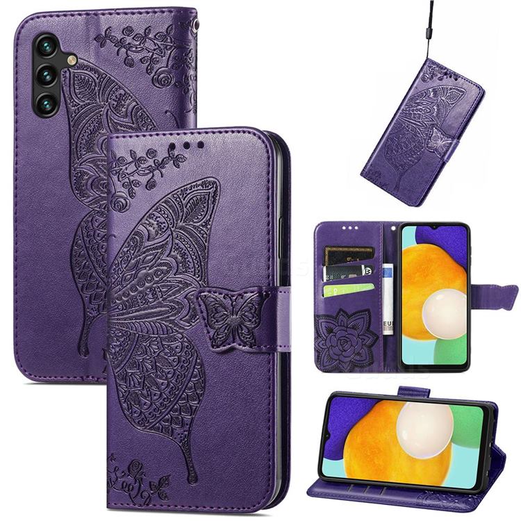 Embossing Mandala Flower Butterfly Leather Wallet Case for Samsung Galaxy A13 5G - Dark Purple