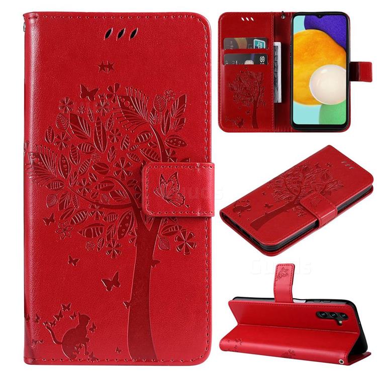 Embossing Butterfly Tree Leather Wallet Case for Samsung Galaxy A13 5G - Red