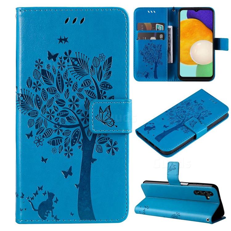 Embossing Butterfly Tree Leather Wallet Case for Samsung Galaxy A13 5G - Blue