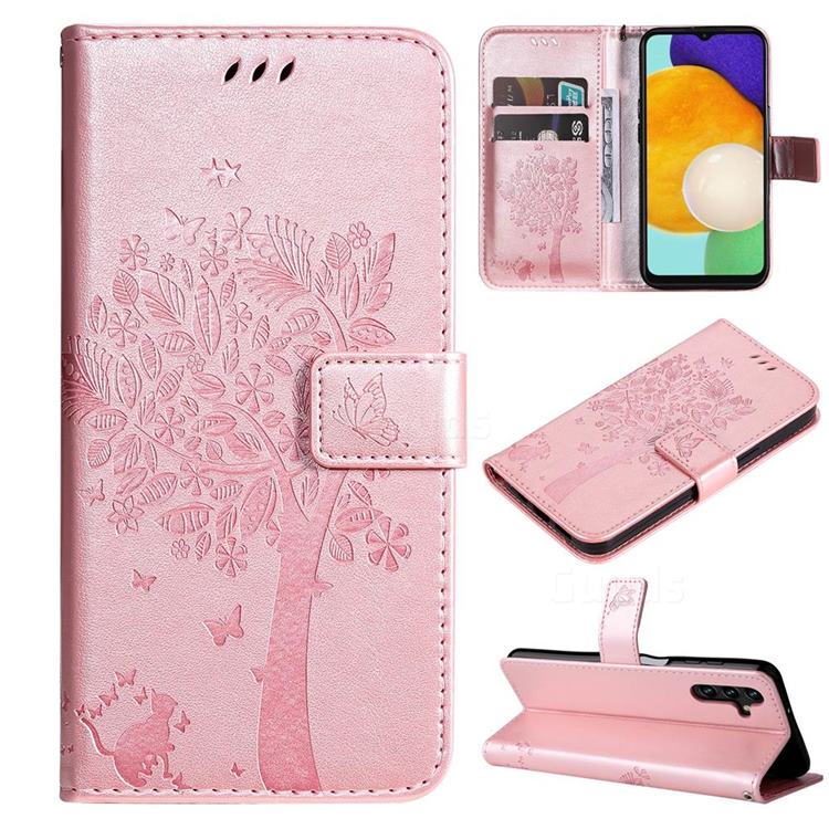 Embossing Butterfly Tree Leather Wallet Case for Samsung Galaxy A13 5G - Rose Pink