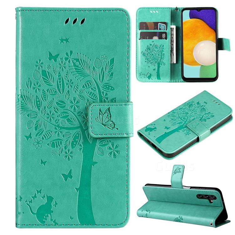 Embossing Butterfly Tree Leather Wallet Case for Samsung Galaxy A13 5G - Cyan