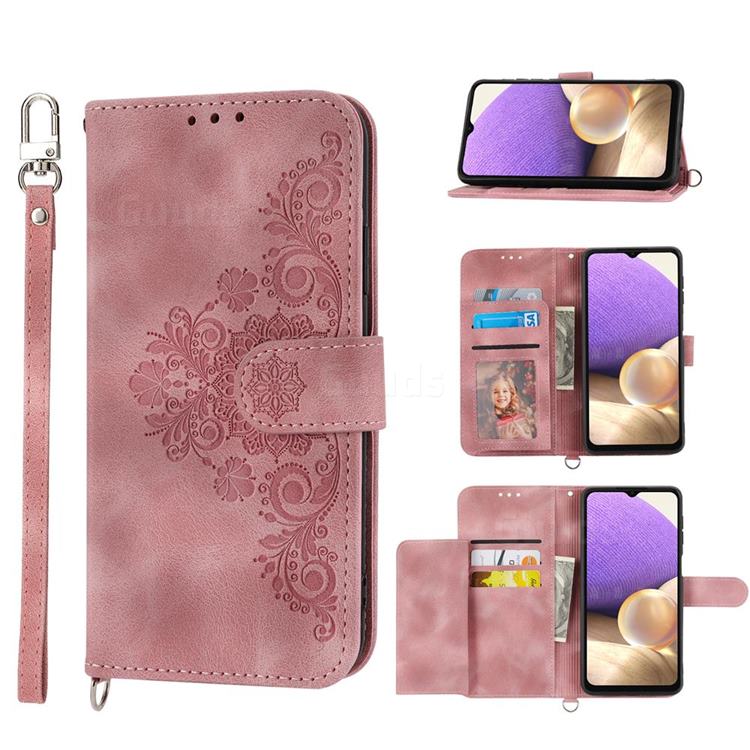 Skin Feel Embossed Lace Flower Multiple Card Slots Leather Wallet Phone Case for Samsung Galaxy A13 5G - Pink
