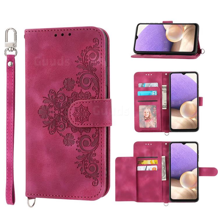 Skin Feel Embossed Lace Flower Multiple Card Slots Leather Wallet Phone Case for Samsung Galaxy A13 5G - Claret Red