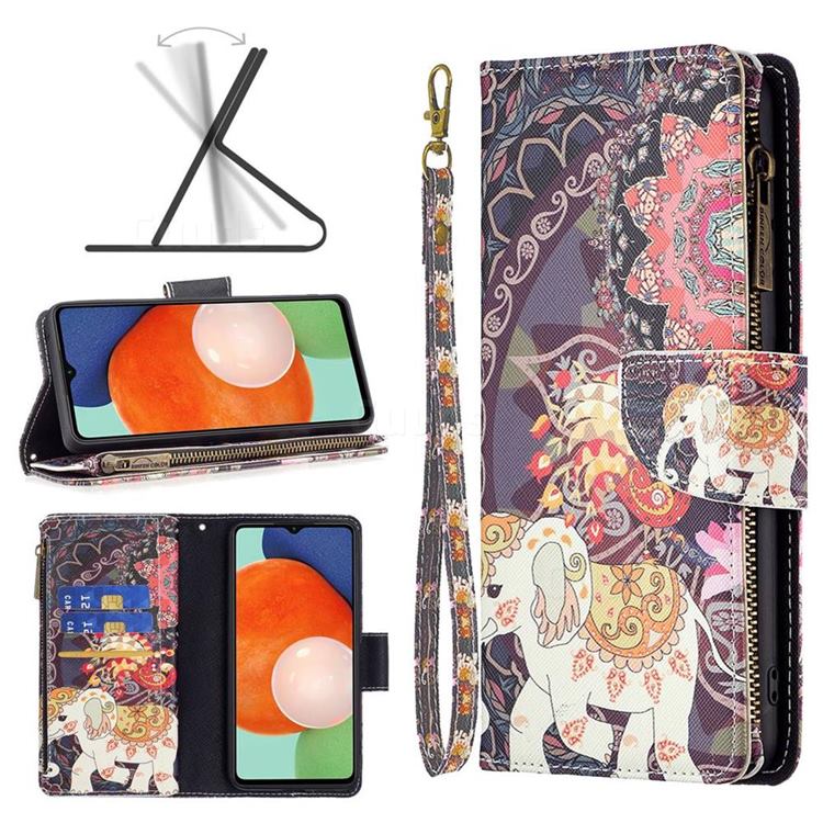 Totem Flower Elephant Binfen Color BF03 Retro Zipper Leather Wallet Phone Case for Samsung Galaxy A13 4G