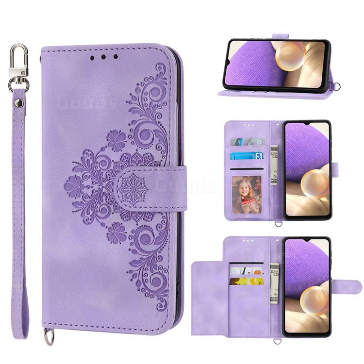 Skin Feel Embossed Lace Flower Multiple Card Slots Leather Wallet Phone Case for Samsung Galaxy A13 4G - Purple