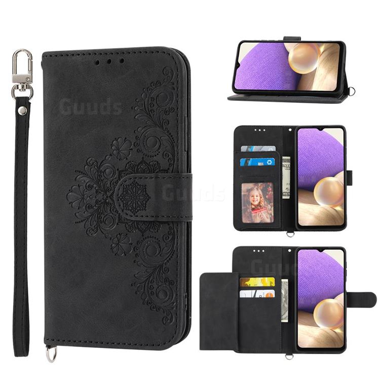 Skin Feel Embossed Lace Flower Multiple Card Slots Leather Wallet Phone Case for Samsung Galaxy A13 4G - Black