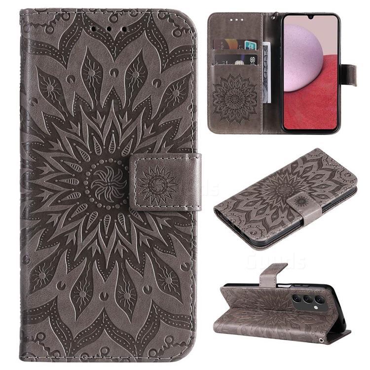 Embossing Sunflower Leather Wallet Case for Samsung Galaxy A14 5G - Gray